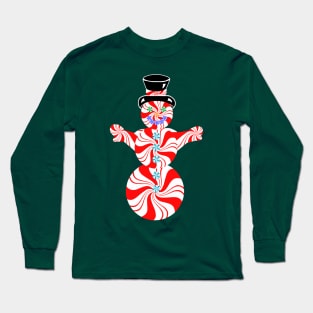 Red and White Striped Peppermint Christmas Snowman Long Sleeve T-Shirt